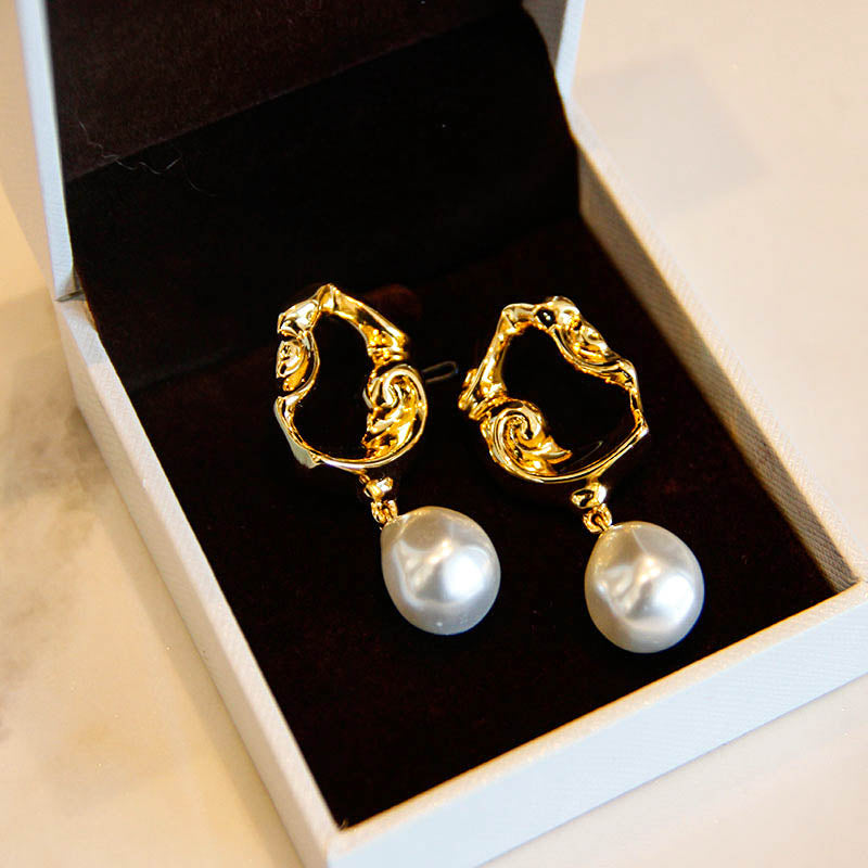 Gold Irregular Drop Earrings with White Teardrop Faux Pearls