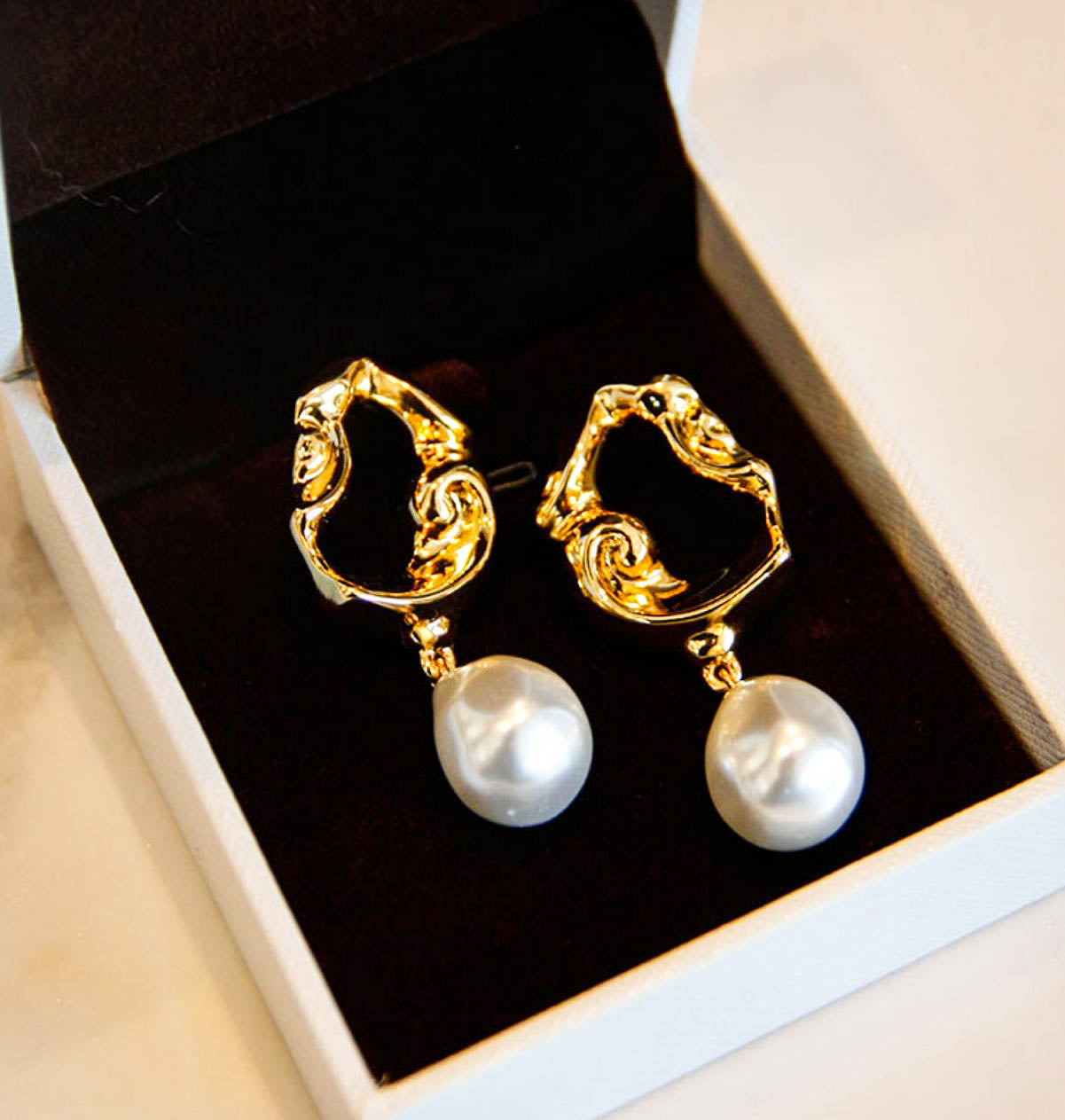 Gold Irregular Drop Earrings with White Teardrop Faux Pearls