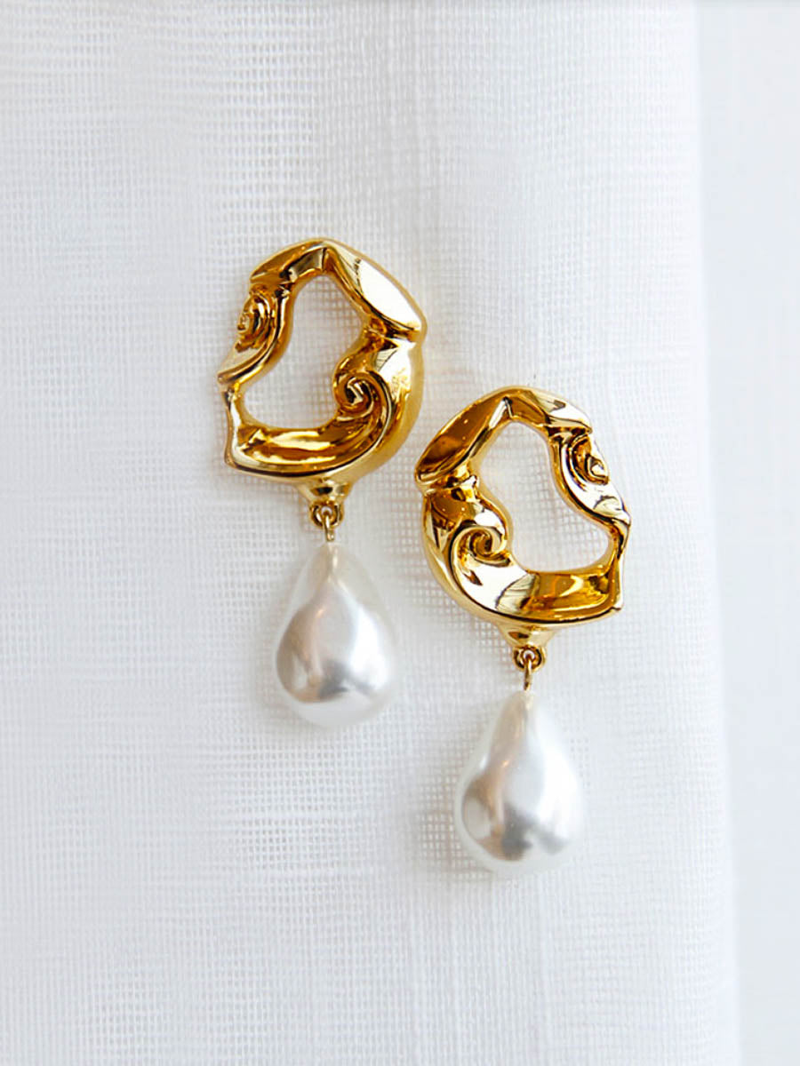 Gold Irregular Drop Earrings with White Teardrop Faux Pearls