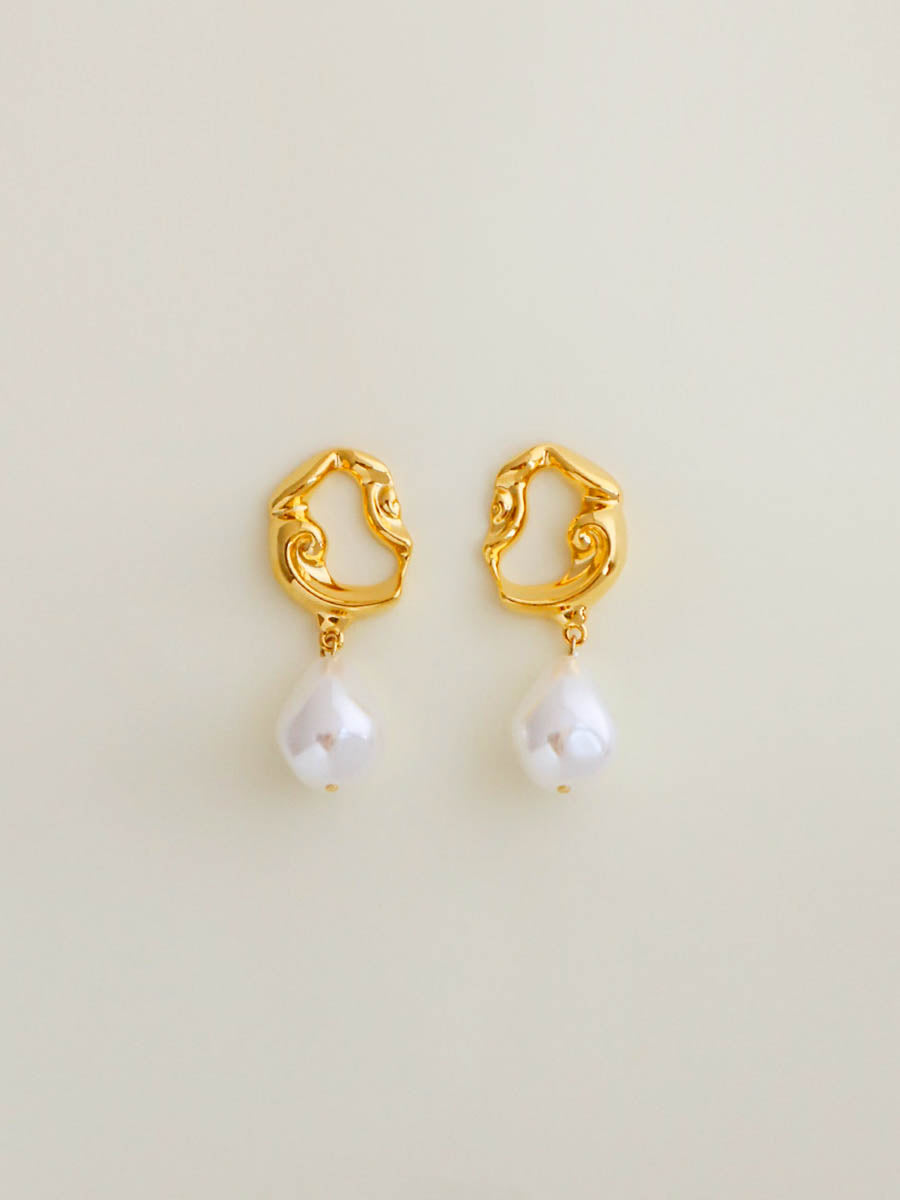 Gold Irregular Drop Earrings with White Teardrop Faux Pearls