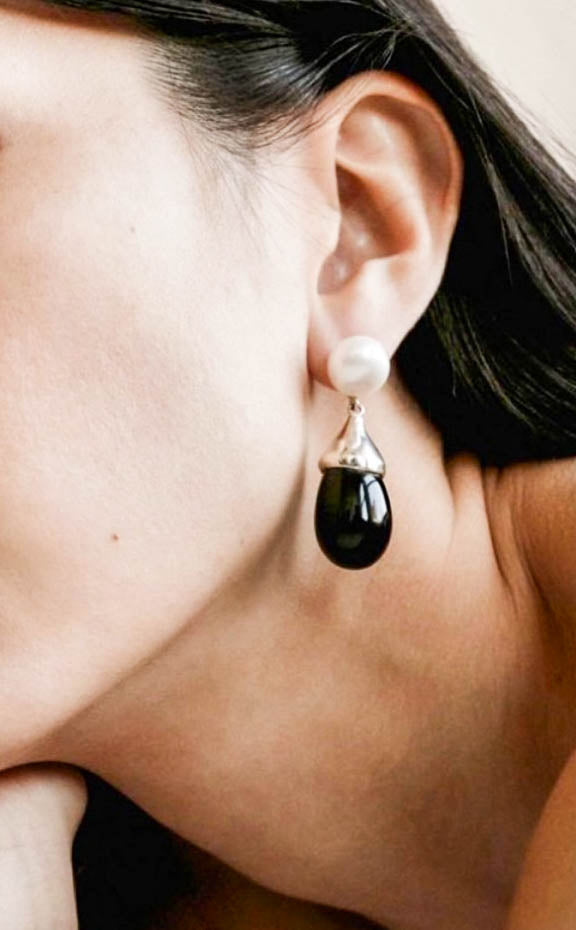 Silver Teardrop Faux Pearl Drop Earrings with Artificial Black Agate Stones