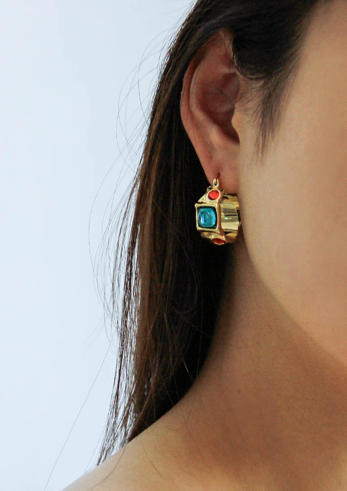 Gold Chunky Hoop Earrings with Colorful Artificial Gem Stones