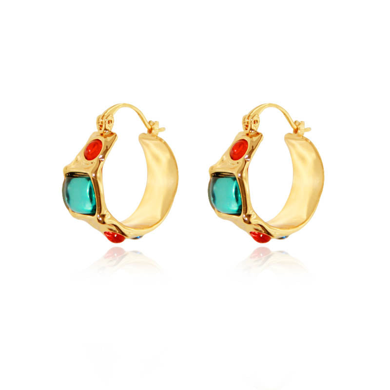 Gold Chunky Hoop Earrings with Colorful Artificial Gem Stones