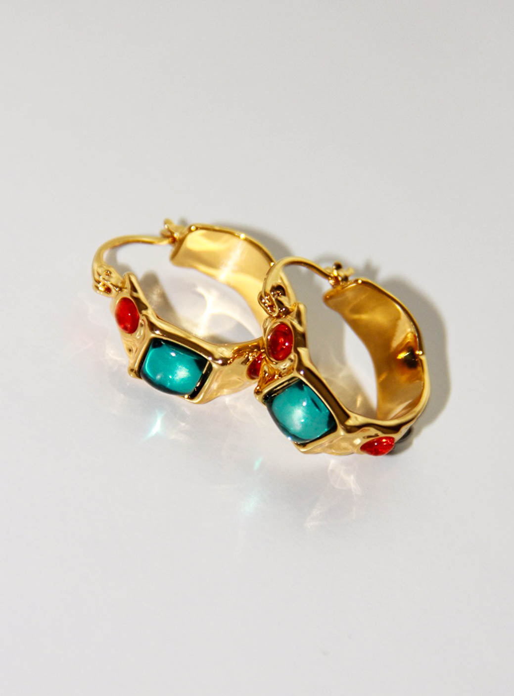 Gold Chunky Hoop Earrings with Colorful Artificial Gem Stones