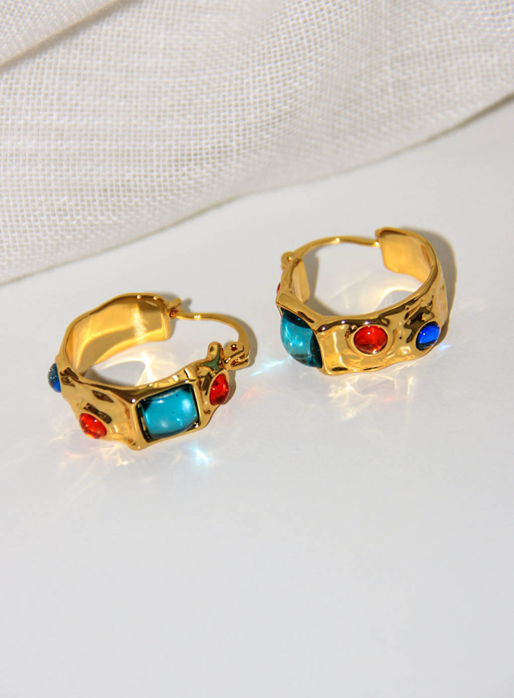 Gold Chunky Hoop Earrings with Colorful Artificial Gem Stones