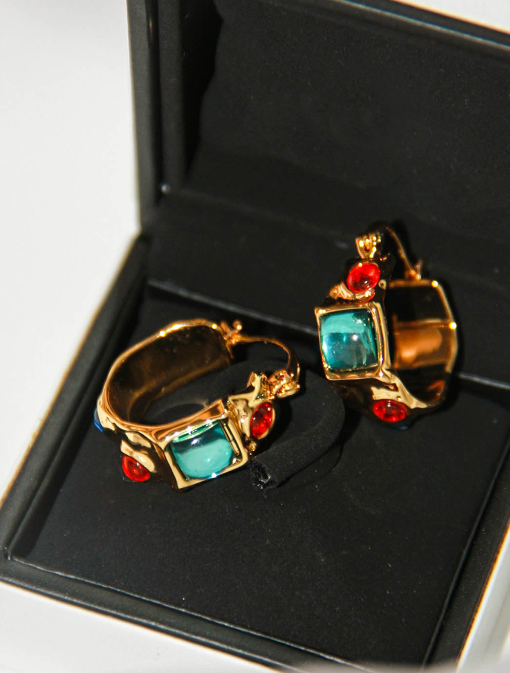 Gold Chunky Hoop Earrings with Colorful Artificial Gem Stones