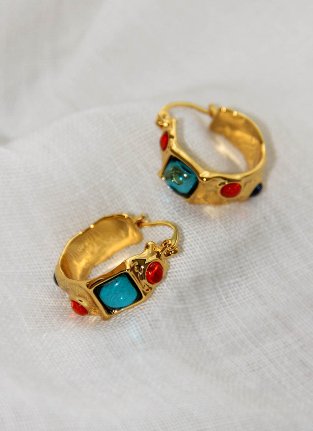 Gold Chunky Hoop Earrings with Colorful Artificial Gem Stones