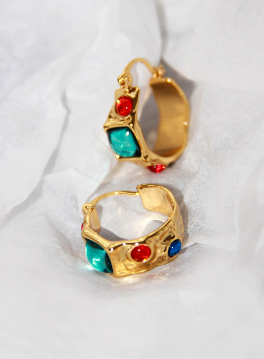 Gold Chunky Hoop Earrings with Colorful Artificial Gem Stones