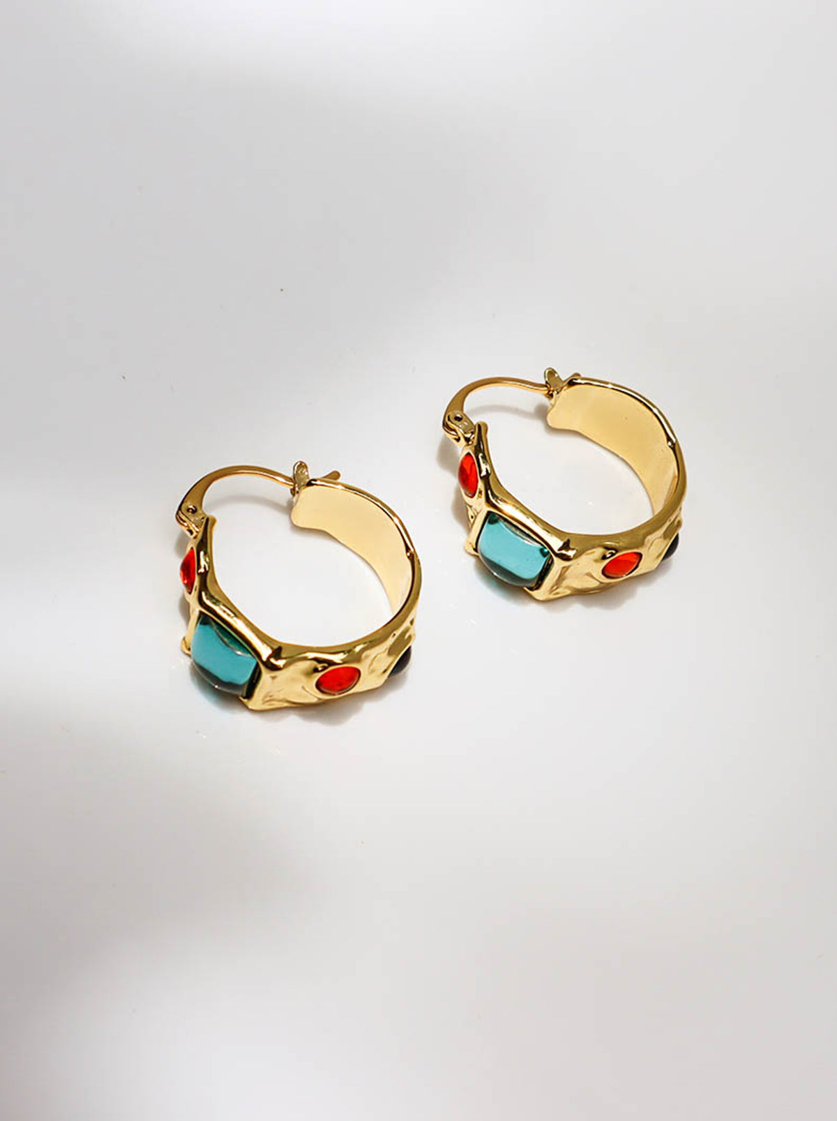 Gold Chunky Hoop Earrings with Colorful Artificial Gem Stones