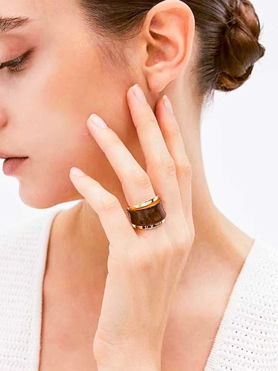 Gold/ Silver Statement Ring with Brown Enamel