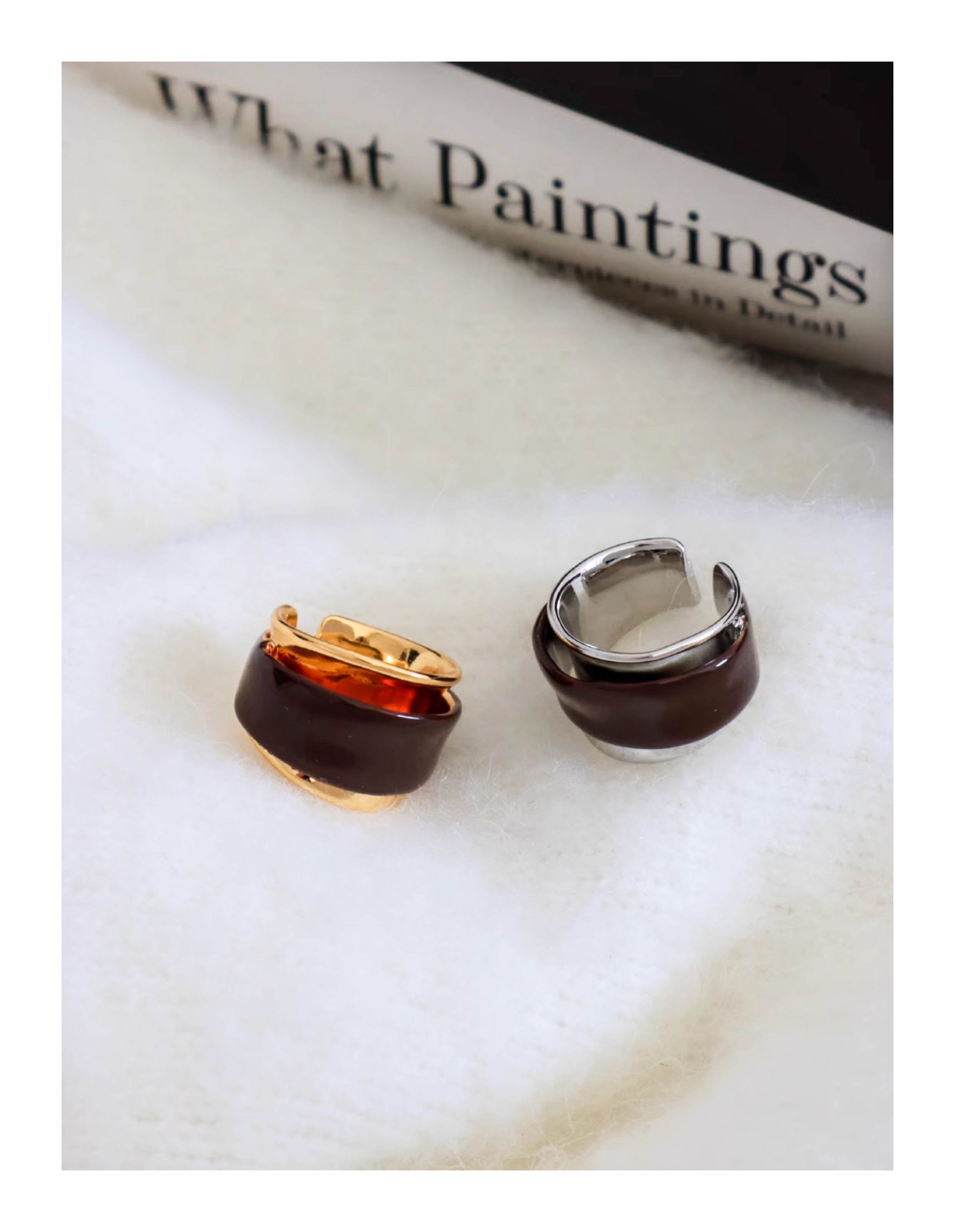 Gold/ Silver Statement Ring with Brown Enamel