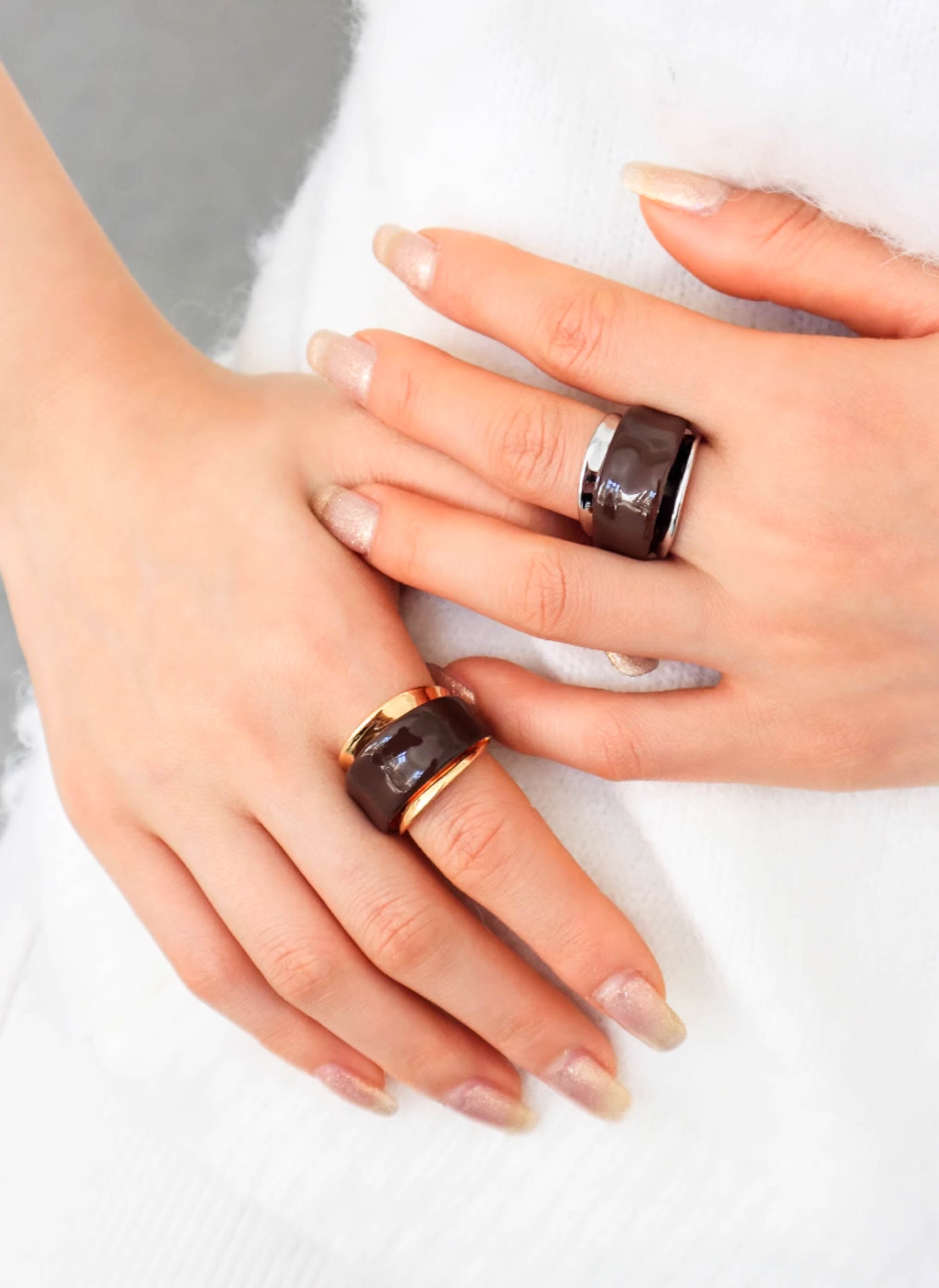 Gold/ Silver Statement Ring with Brown Enamel