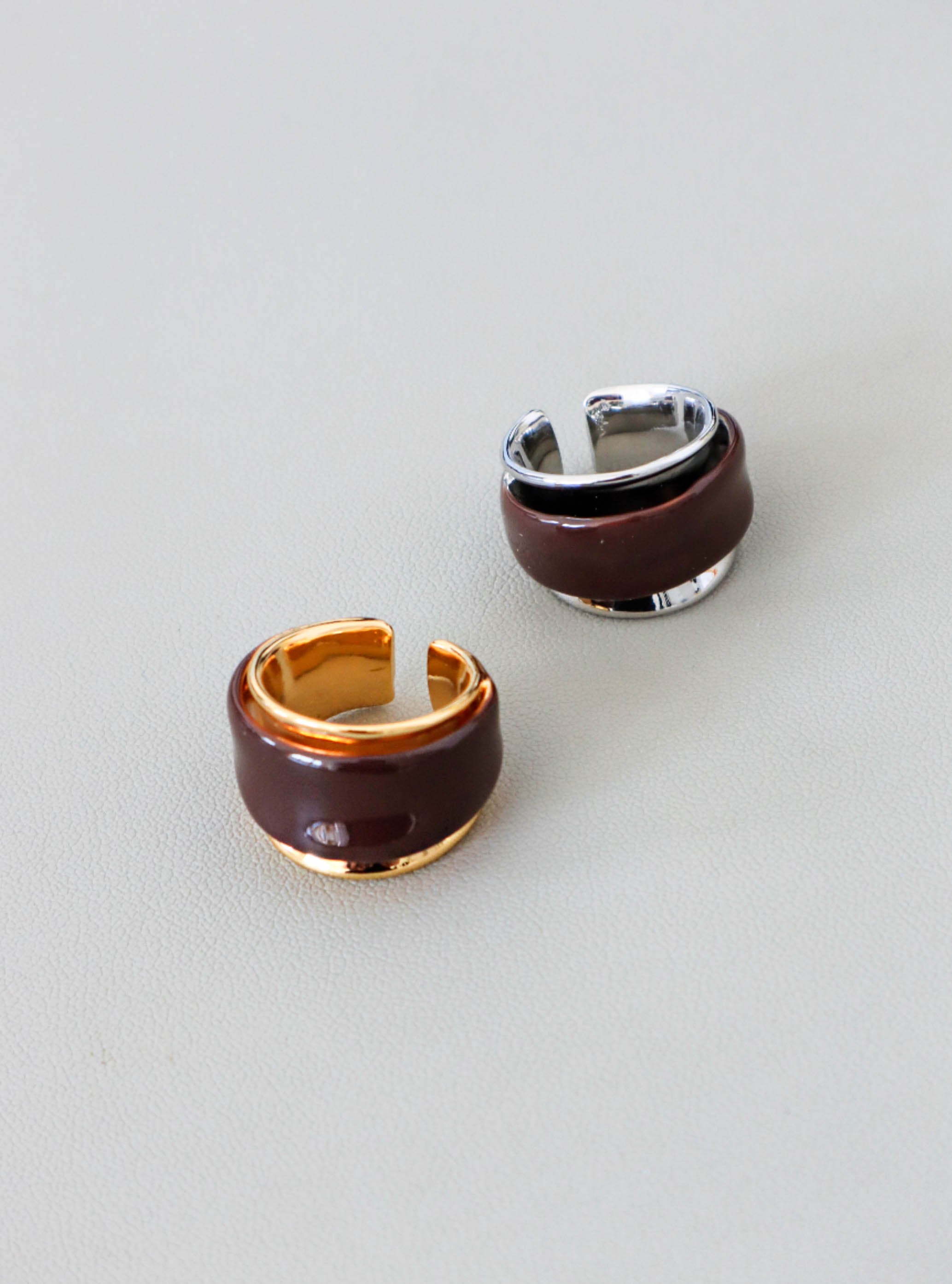 Gold/ Silver Statement Ring with Brown Enamel