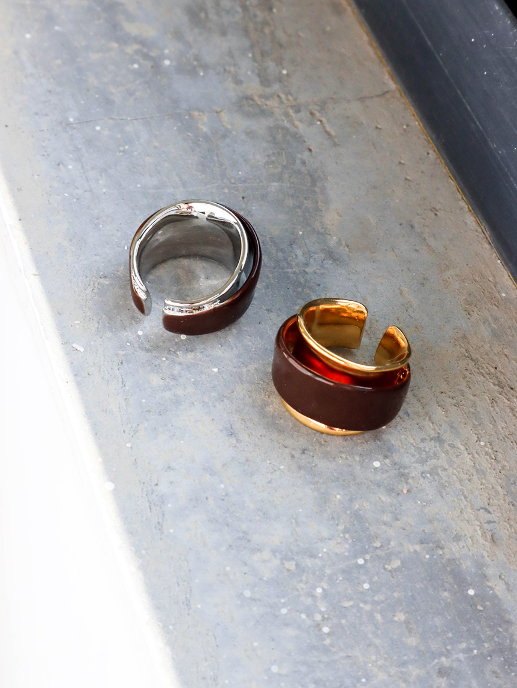 Gold/ Silver Statement Ring with Brown Enamel