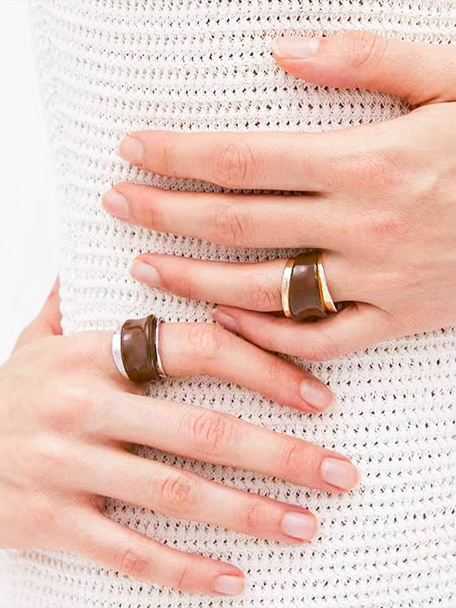 Gold/ Silver Statement Ring with Brown Enamel