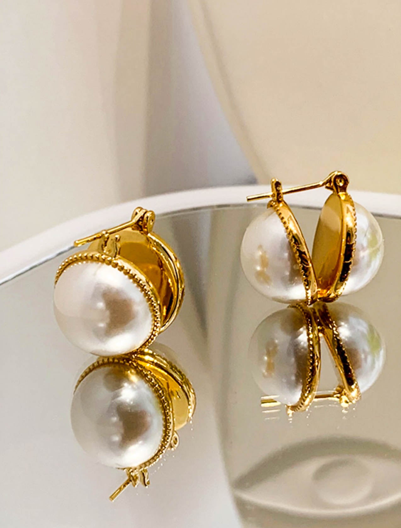 Gold White Faux Pearls Ball Hoop Statement Earrings