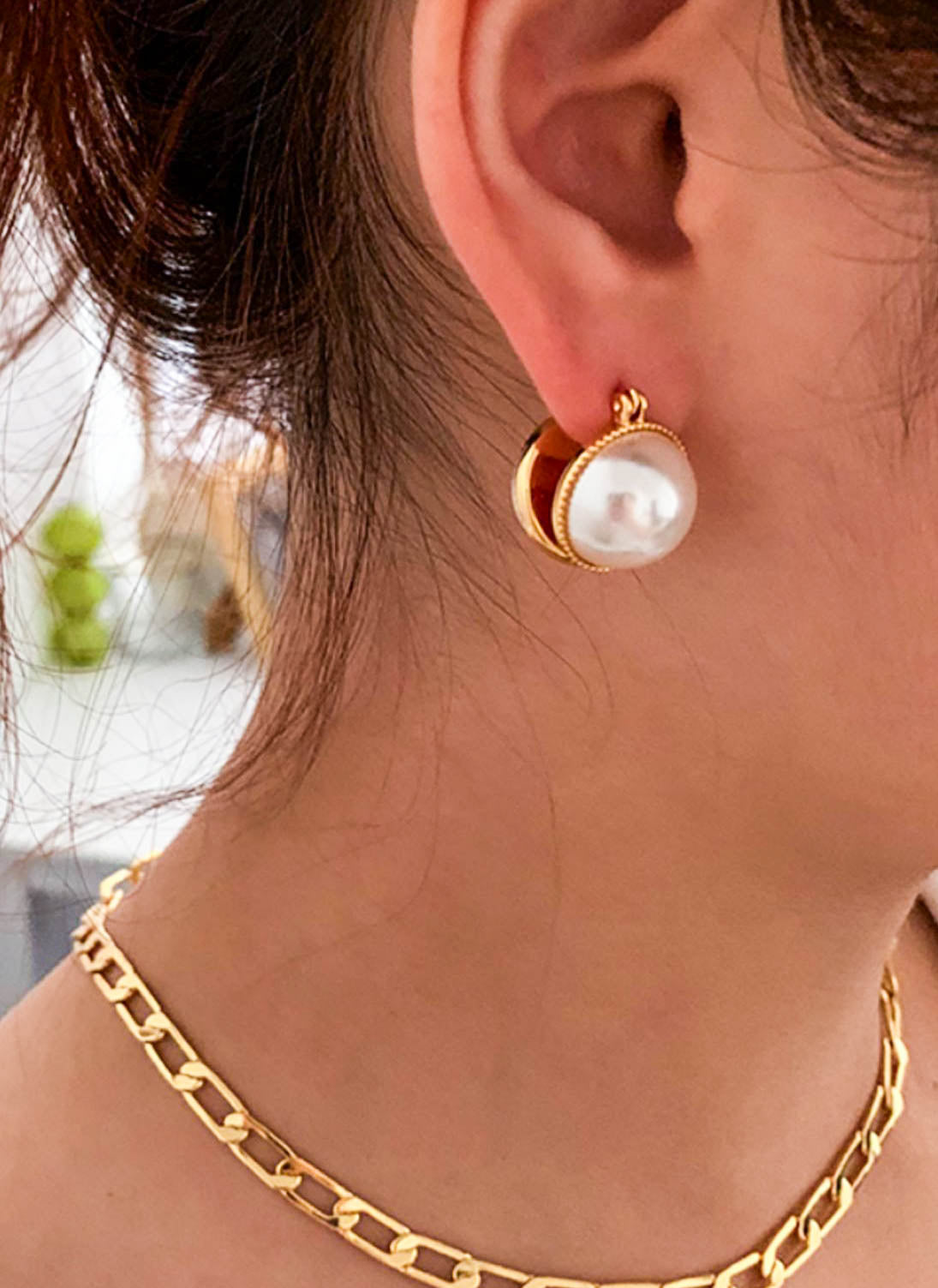 Gold White Faux Pearls Ball Hoop Statement Earrings