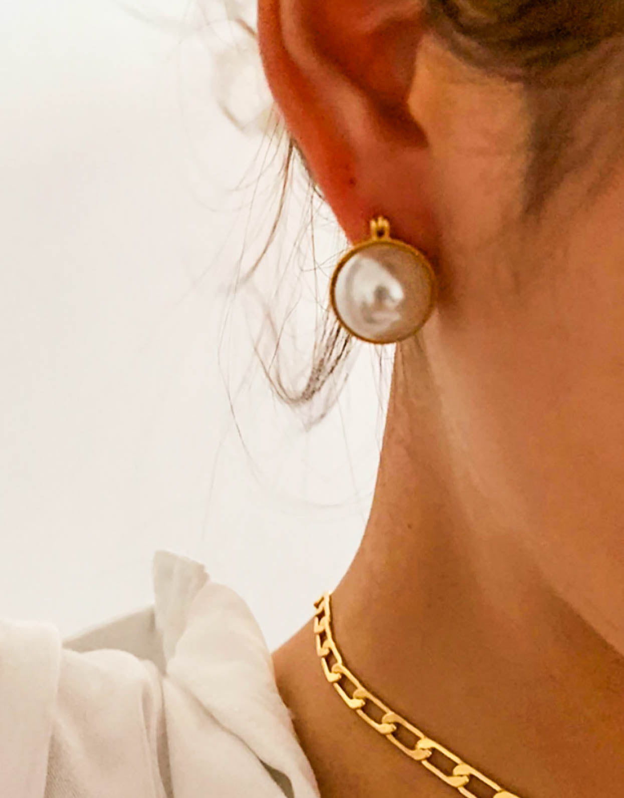 Gold White Faux Pearls Ball Hoop Statement Earrings