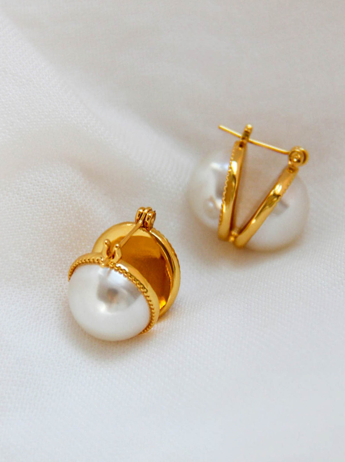 Gold White Faux Pearls Ball Hoop Statement Earrings