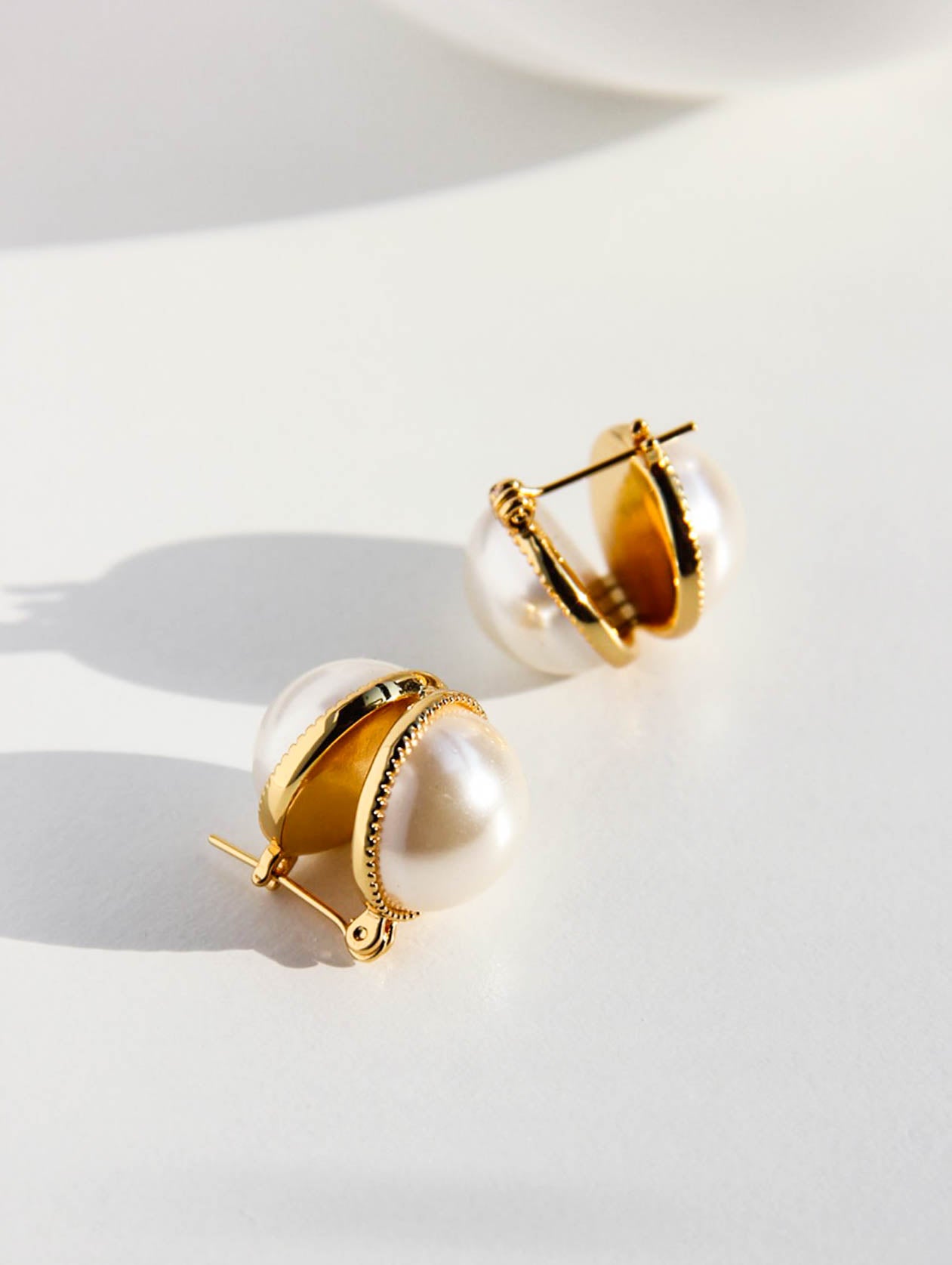 Gold White Faux Pearls Ball Hoop Statement Earrings