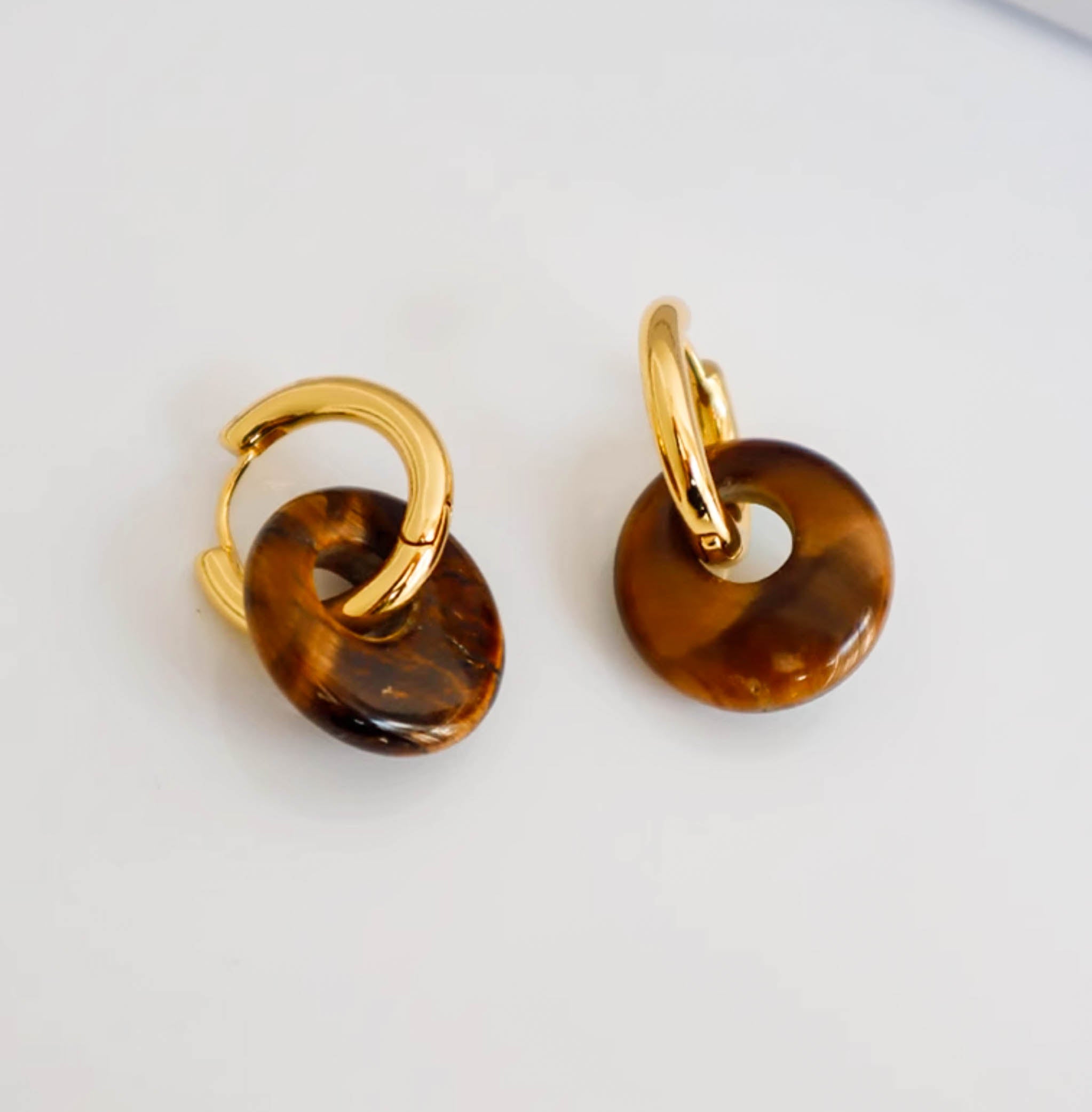 Gold Hoop Drop Earrings with Brown Natural Tiger's Eyes/ Red Stone Pendants