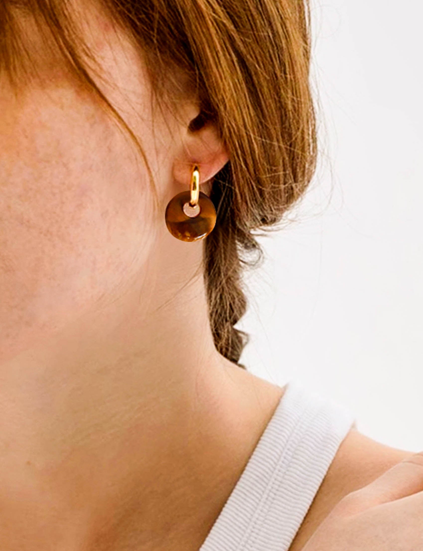 Gold Hoop Drop Earrings with Brown Natural Tiger's Eyes/ Red Stone Pendants