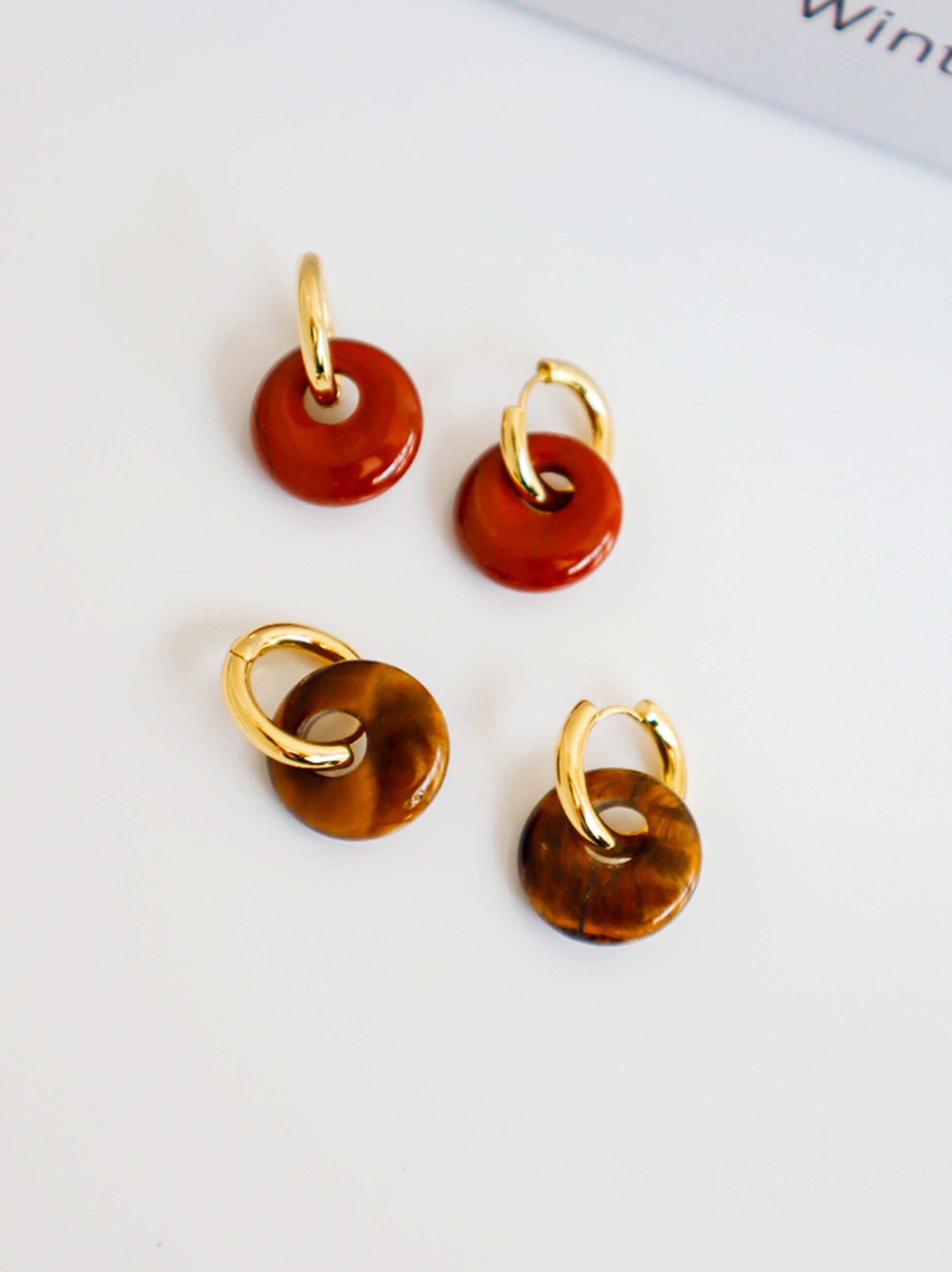 Gold Hoop Drop Earrings with Brown Natural Tiger's Eyes/ Red Stone Pendants