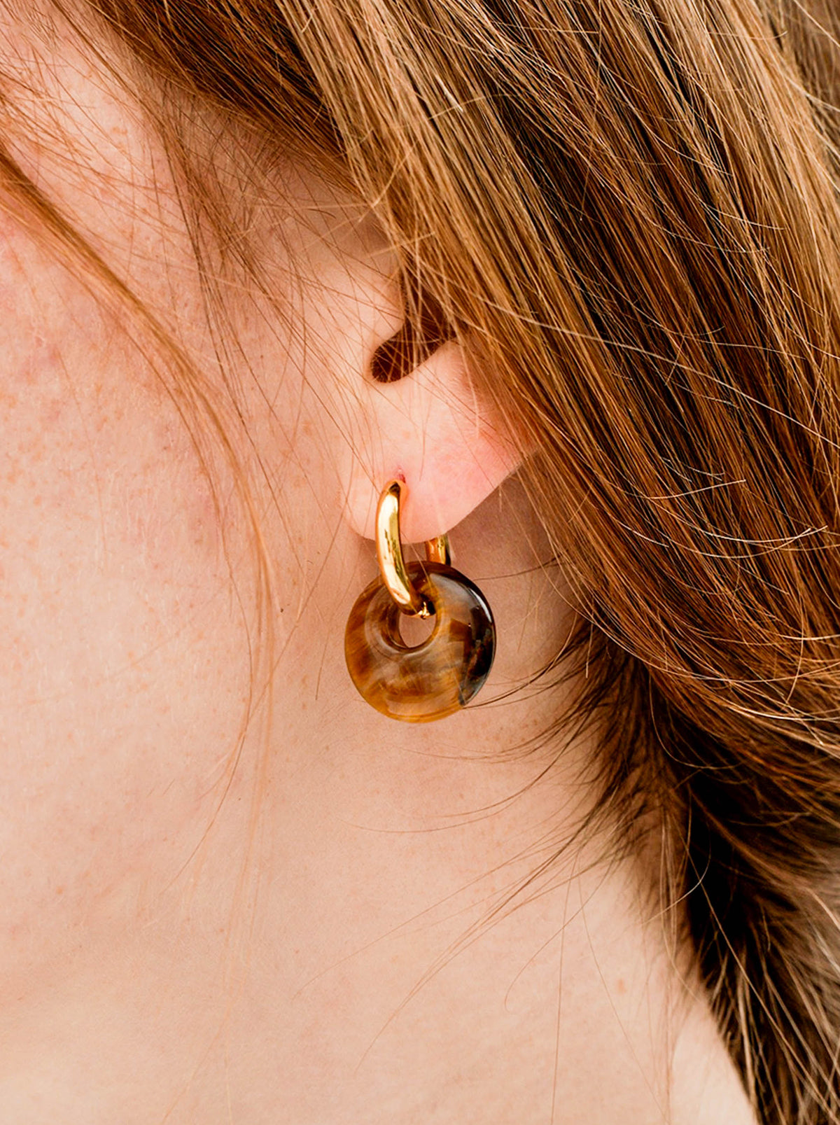 Gold Hoop Drop Earrings with Brown Natural Tiger's Eyes/ Red Stone Pendants