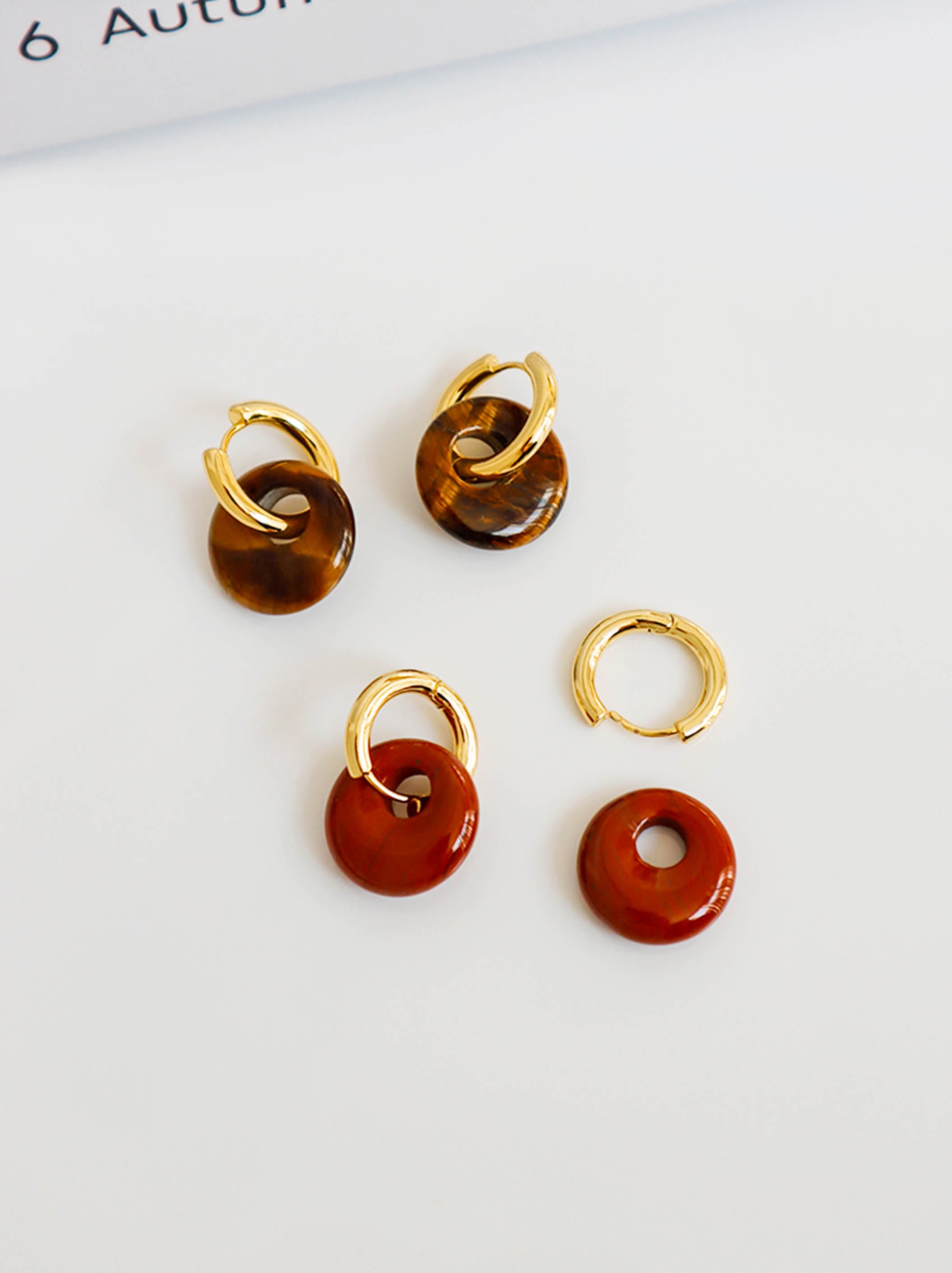 Gold Hoop Drop Earrings with Brown Natural Tiger's Eyes/ Red Stone Pendants