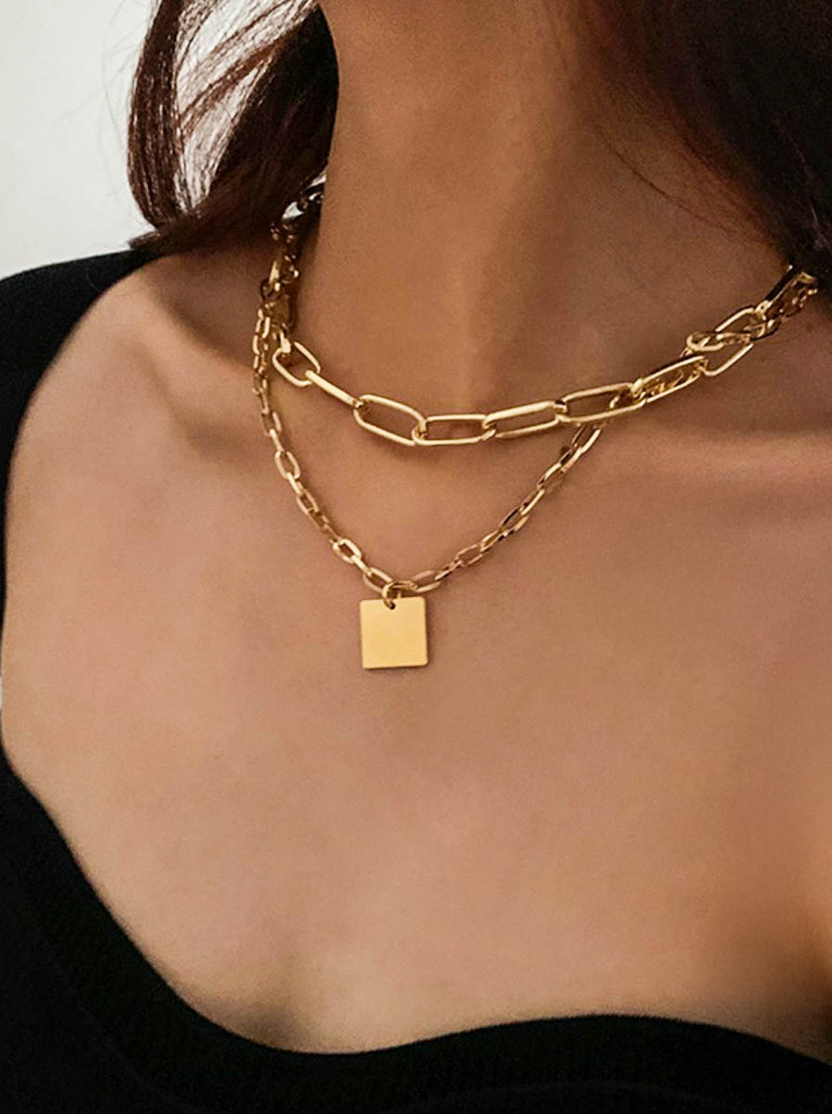 Gold Double Layer Chain Necklace with Gold Square Pendant