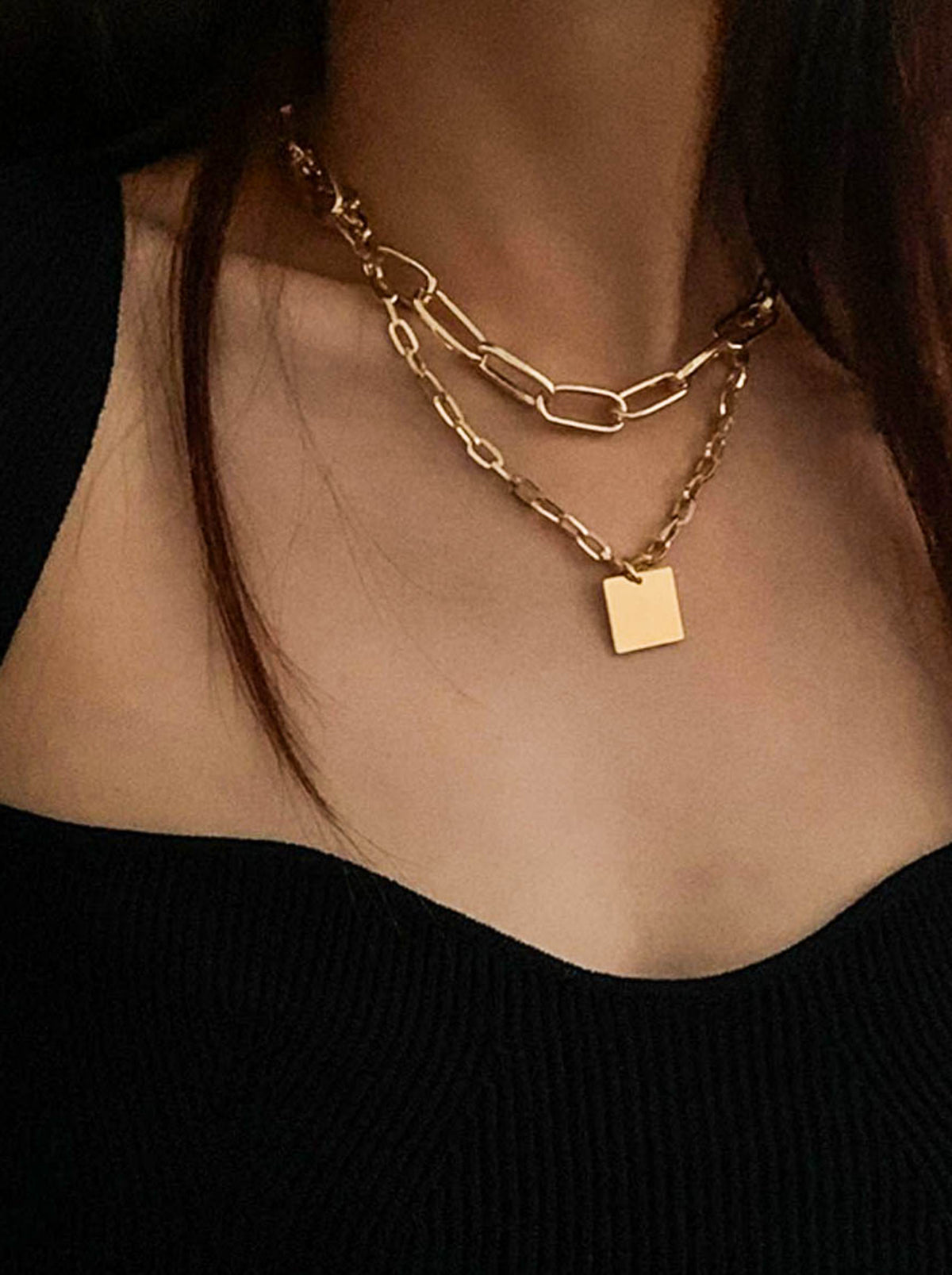 Gold Double Layer Chain Necklace with Gold Square Pendant