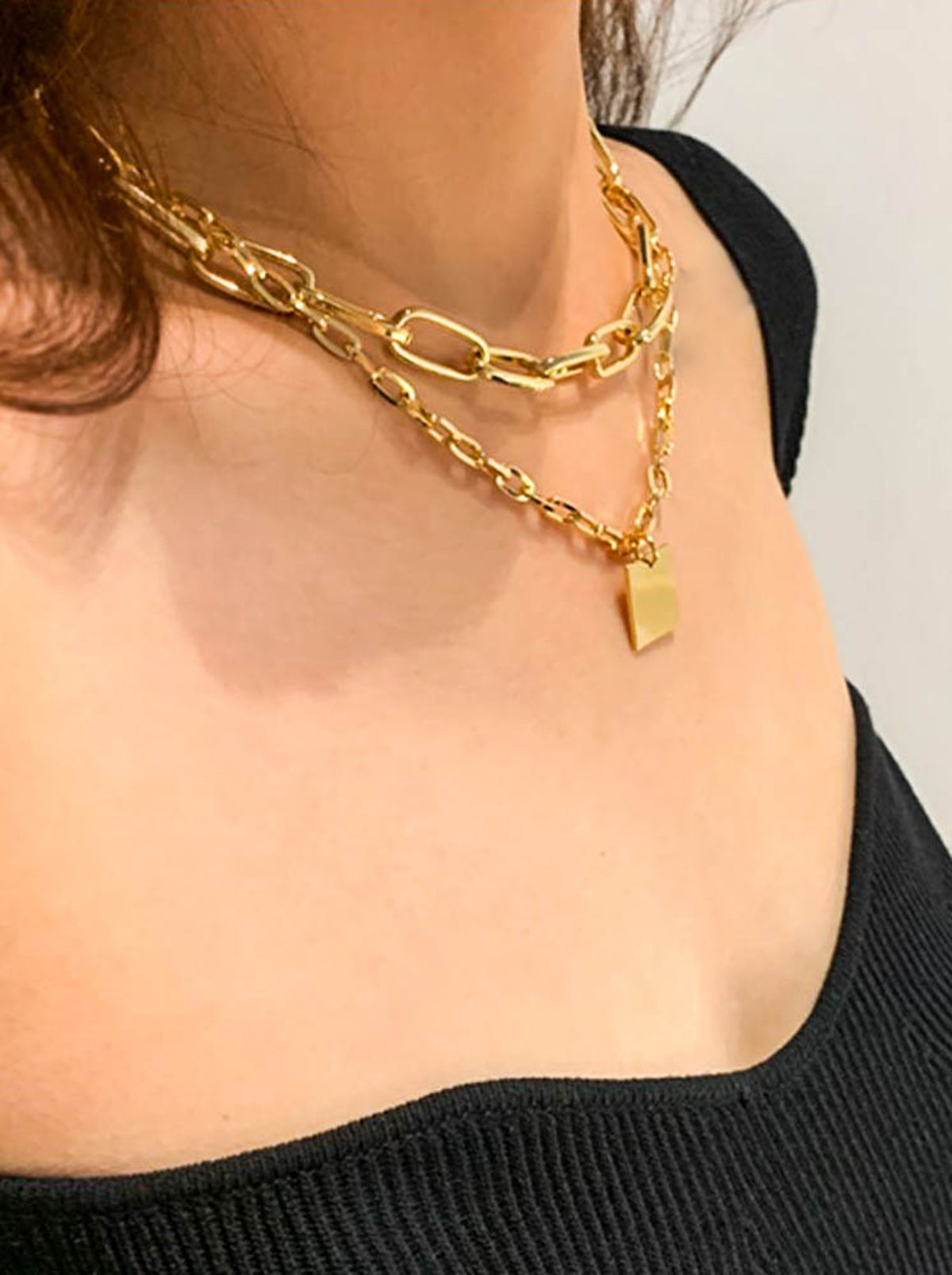 Gold Double Layer Chain Necklace with Gold Square Pendant