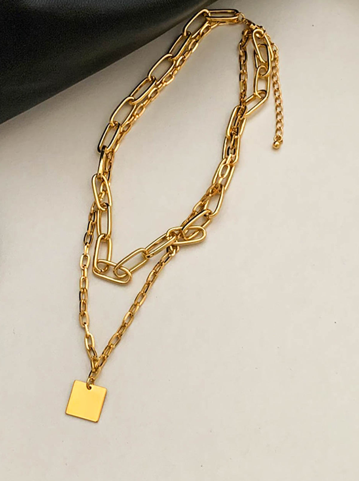 Gold Double Layer Chain Necklace with Gold Square Pendant