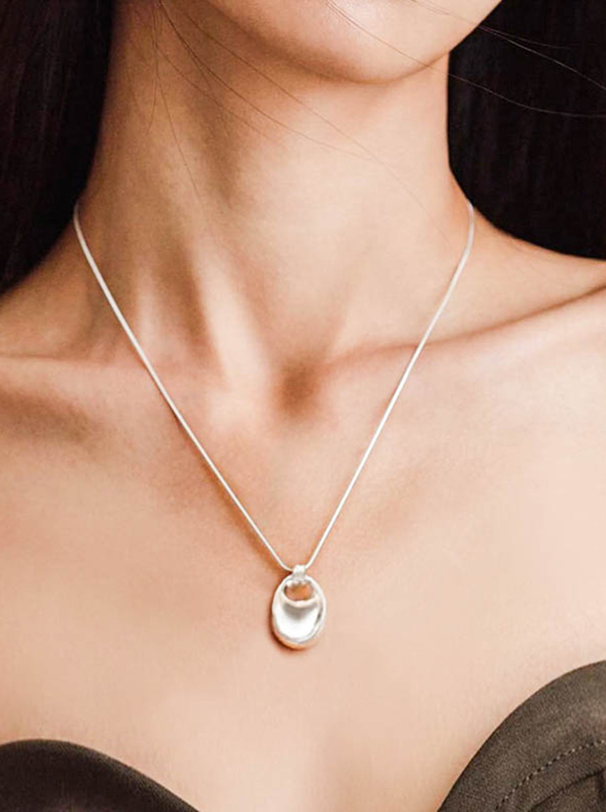 Silver Oval Pendant Long Chain Necklace