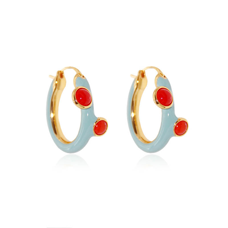 Gold Hoop Earrings with Teal Enamel and Red Agate Stones