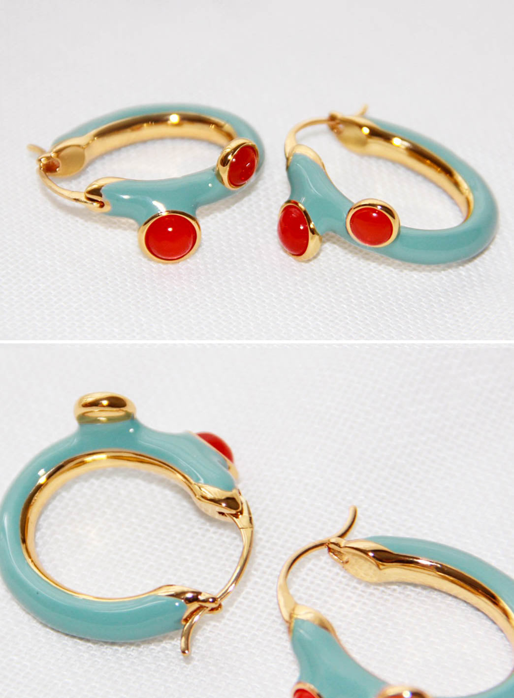 Gold Hoop Earrings with Teal Enamel and Red Agate Stones