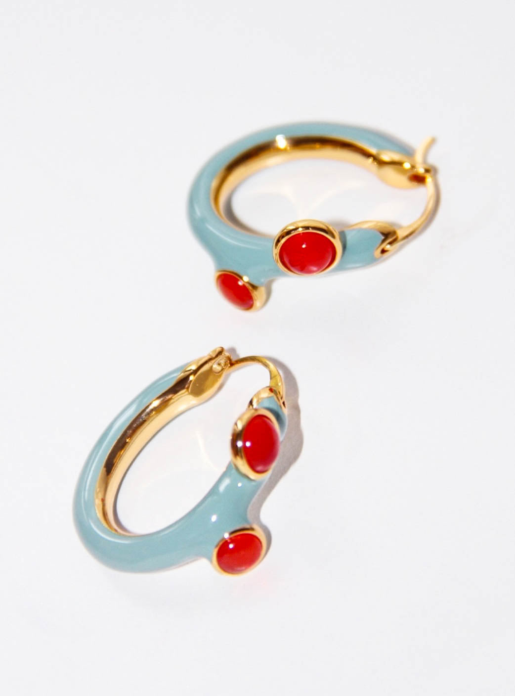 Gold Hoop Earrings with Teal Enamel and Red Agate Stones