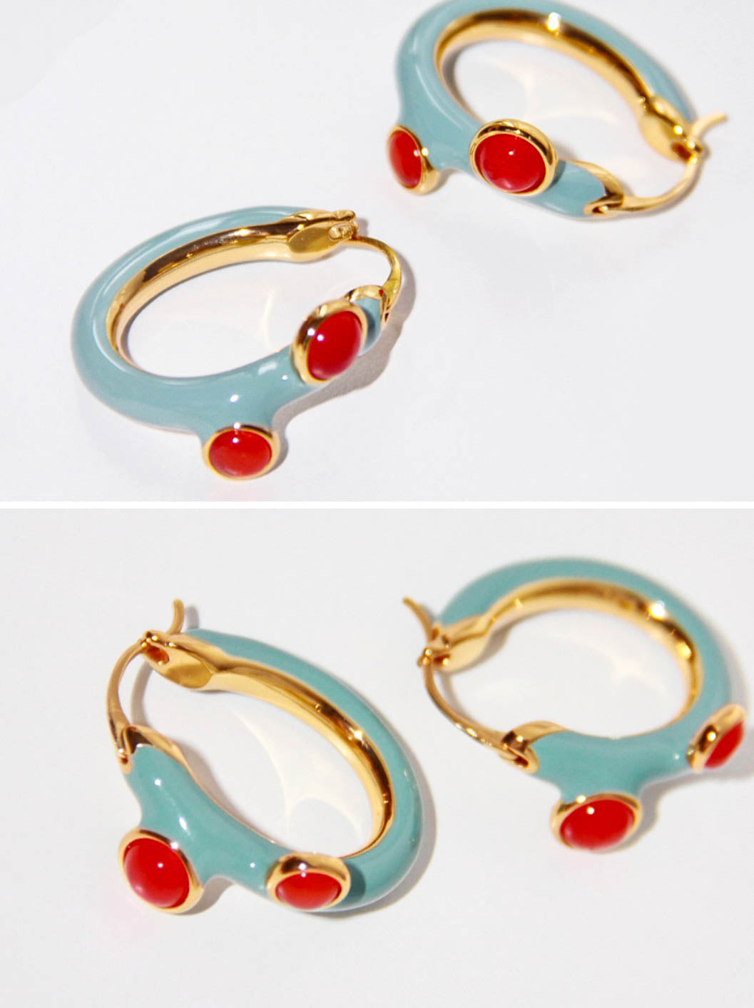 Gold Hoop Earrings with Teal Enamel and Red Agate Stones