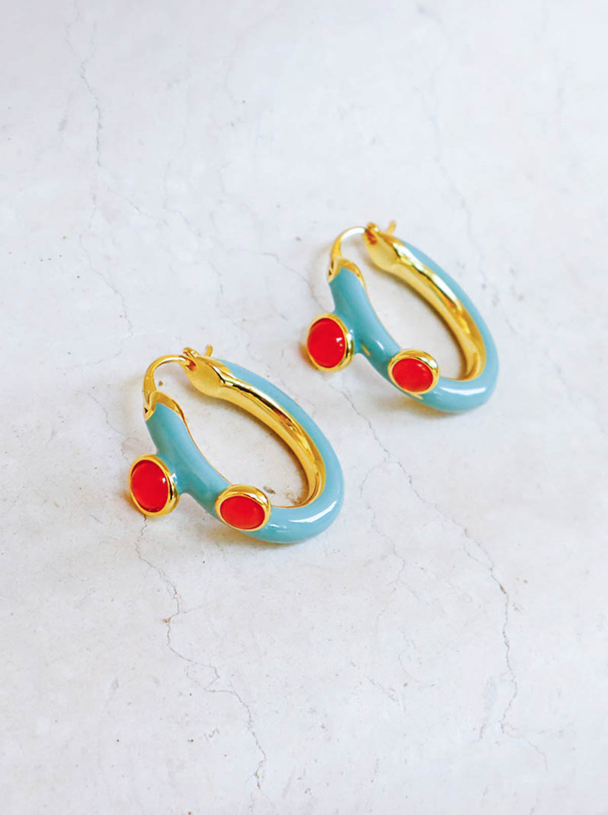 Gold Hoop Earrings with Teal Enamel and Red Agate Stones