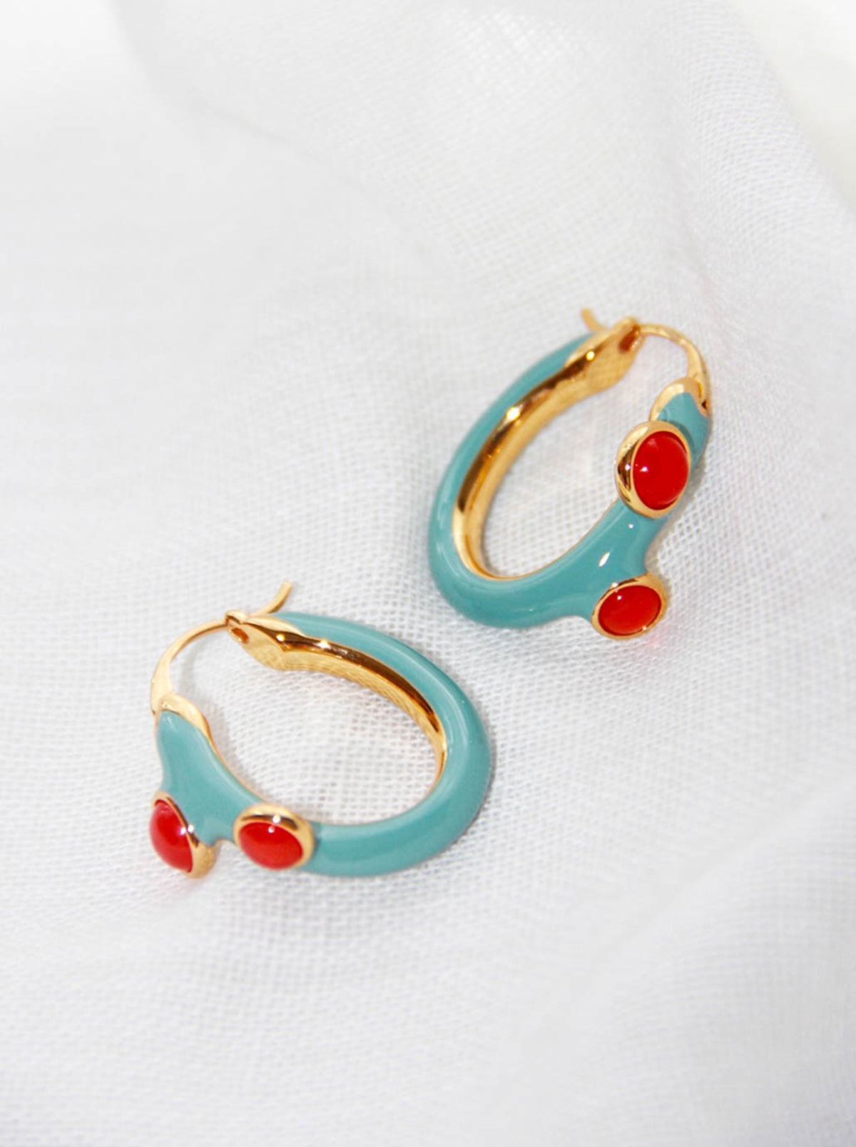 Gold Hoop Earrings with Teal Enamel and Red Agate Stones