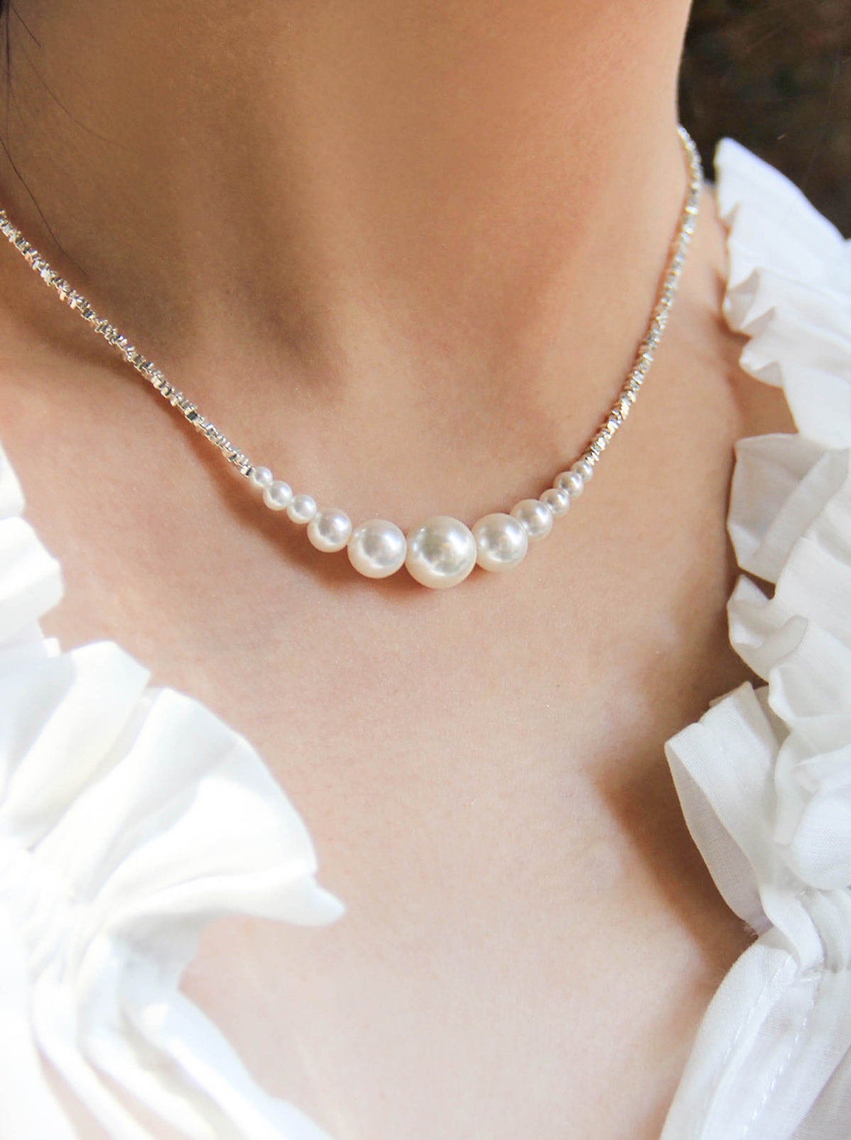 S925 Silver Swarovski White Artificial Pearls Beaded Choker Necklace