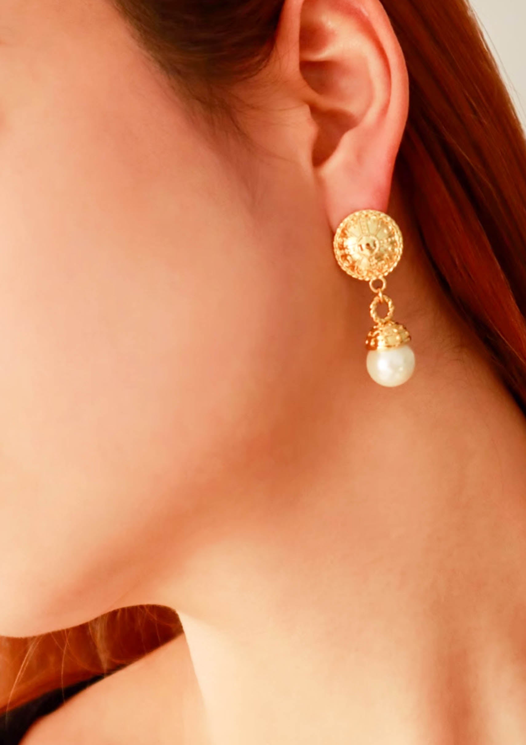 Gold White Shell Pearl Baroque Style Coin Drop Earrings