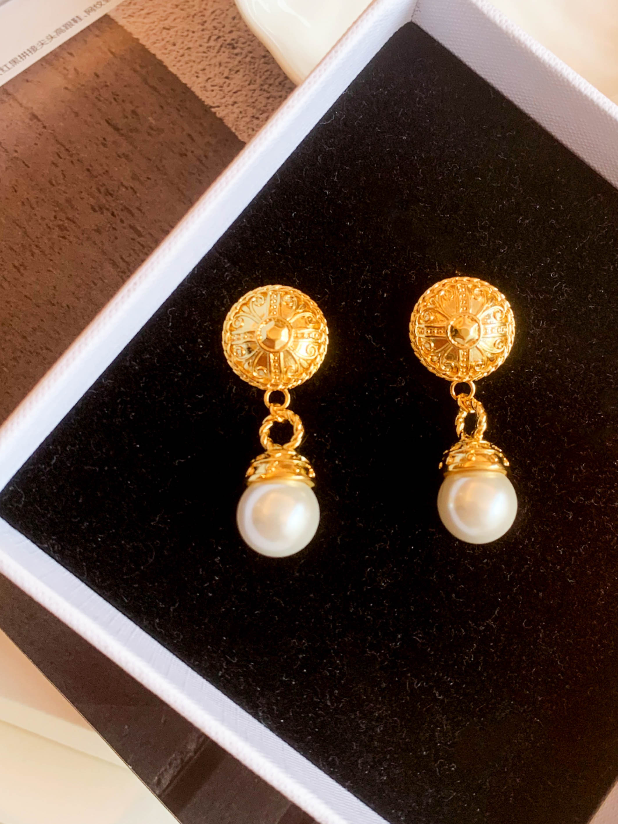 Gold White Shell Pearl Baroque Style Coin Drop Earrings