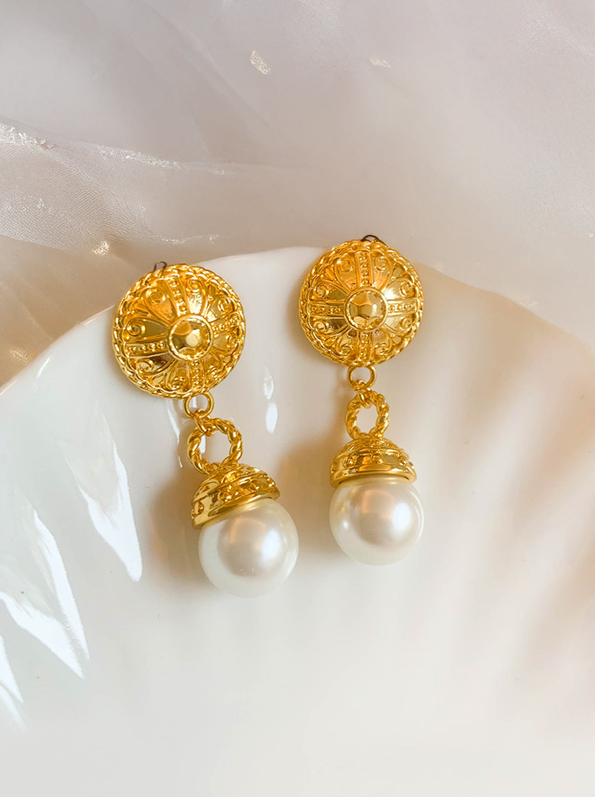 Gold White Shell Pearl Baroque Style Coin Drop Earrings