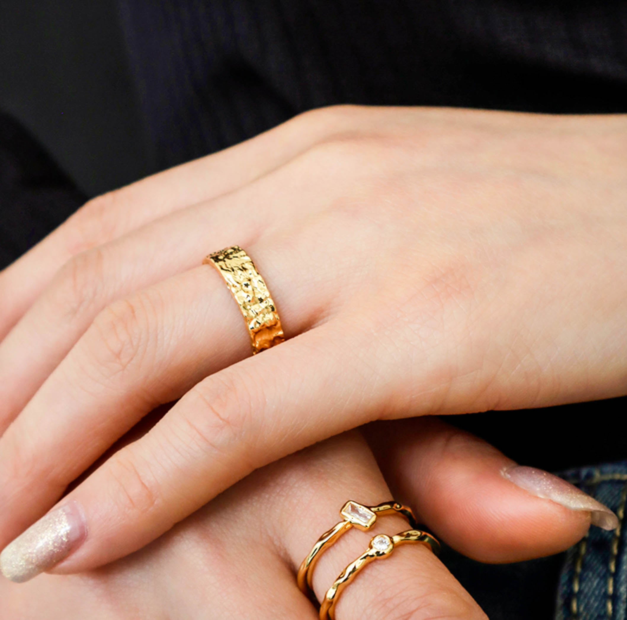 Gold Textured Hammered Gold Ring