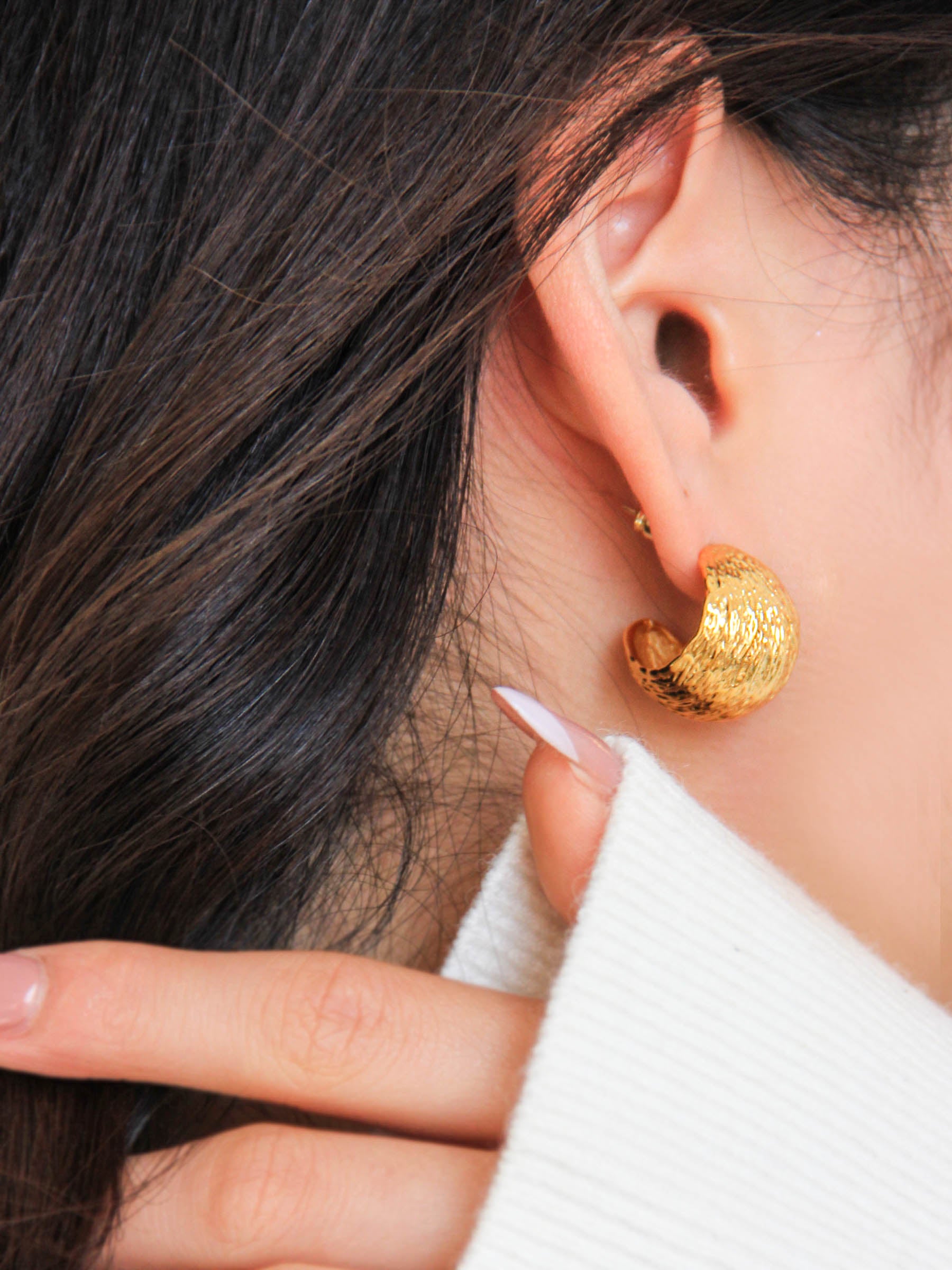 Gold Textured C-Shaped Hoop Earrings