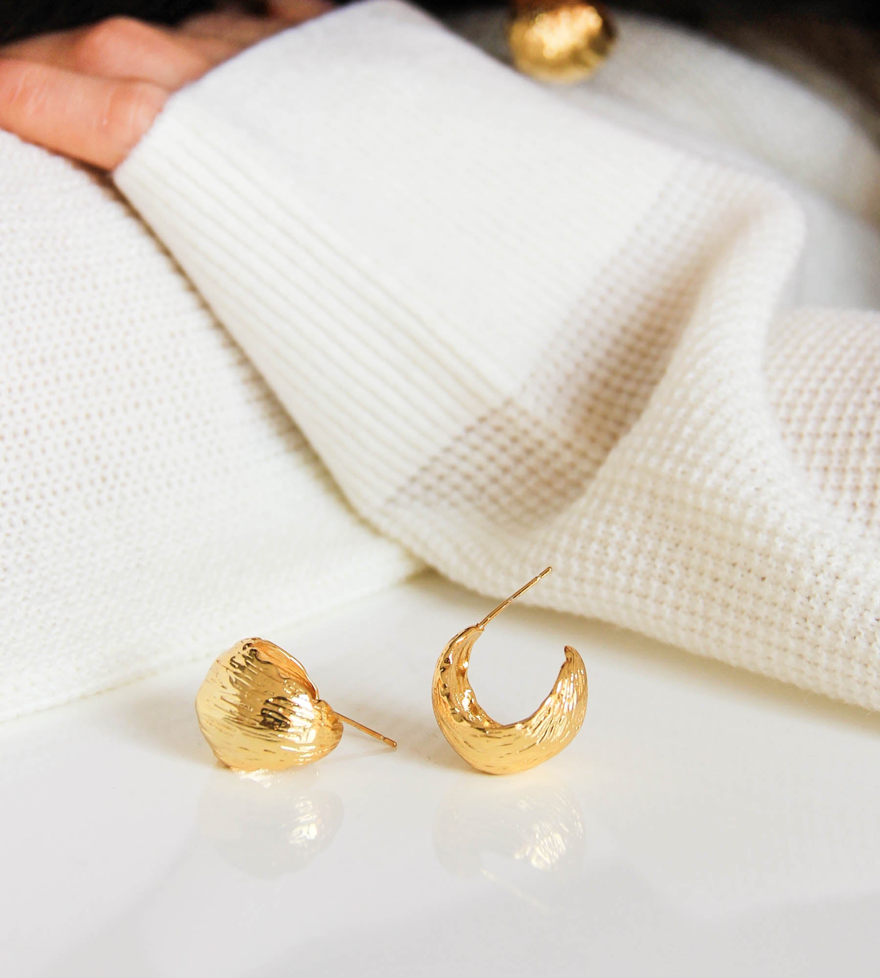 Gold Textured C-Shaped Hoop Earrings