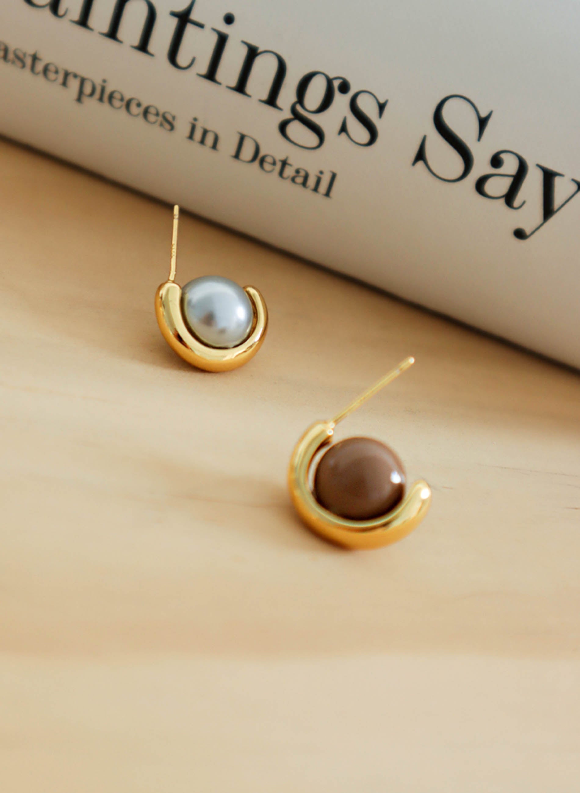 Swarovski Brown Faux Pearl C Shaped Gold Stud Earrings