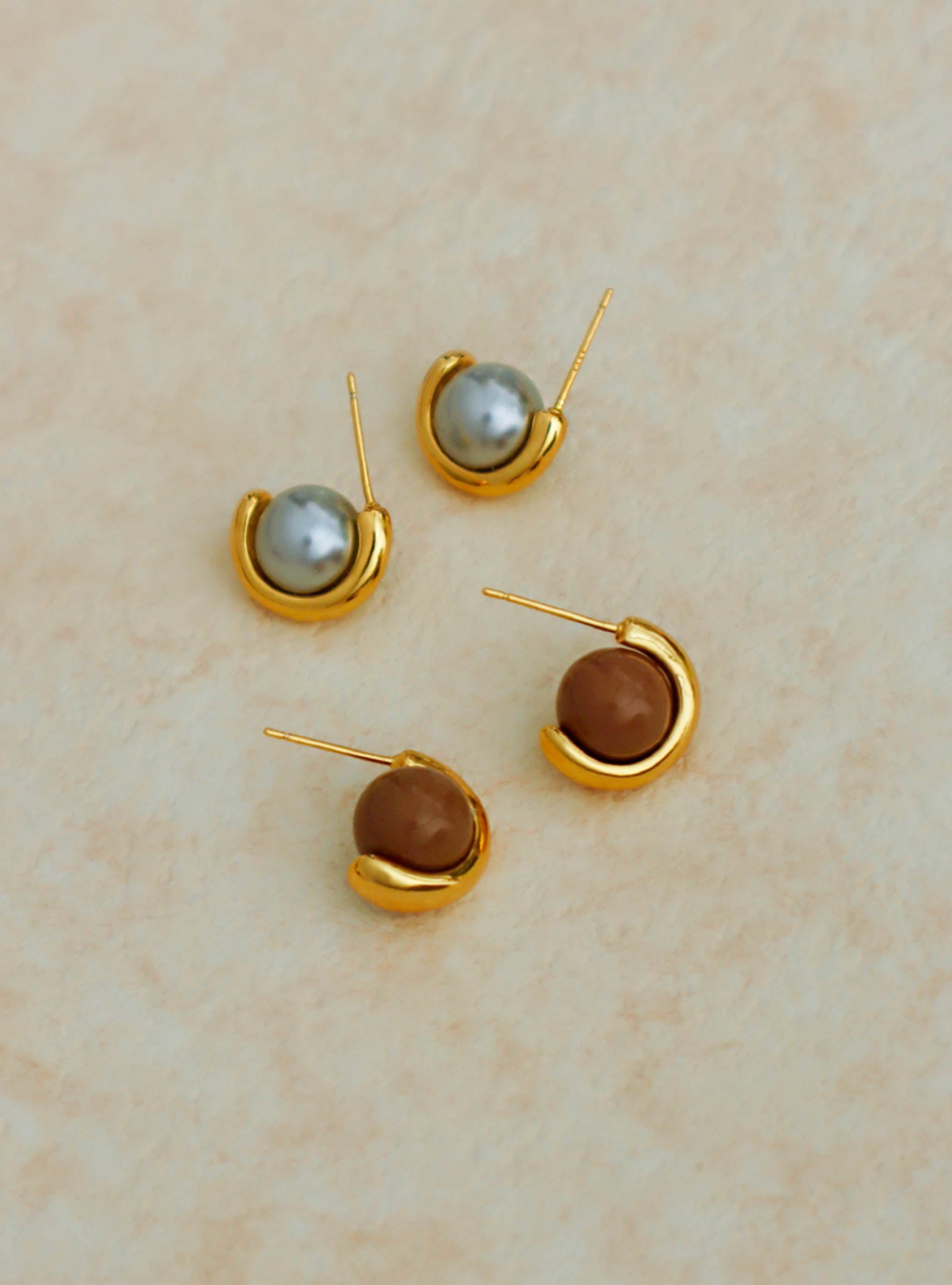 Swarovski Brown Faux Pearl C Shaped Gold Stud Earrings