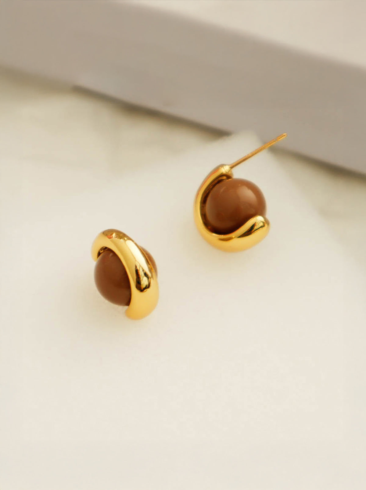 Swarovski Brown Faux Pearl C Shaped Gold Stud Earrings